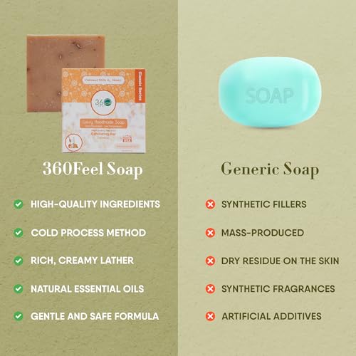 360Feel Oatmeal Milk and Honey Bar Soap - Made in the USA - Castile Handmade, All Natural Cold Processed - Infused with Oatmeal Milk and Honey - SLS-Free - Moisturizing Lather - (5oz)
