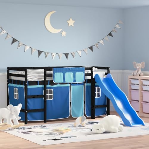 Festnight Hochbett Kinder mit Rutsche Vorhang Spielbett Kinderbett 90x190 cm Kinderhochbett Etagenbett Hausbett Holzbett mit Leiter Einzelbetten...