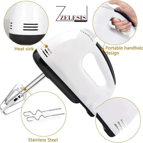 Image of ZELESIS Electric Hand Mixer for Kitchen | Handheld Cake Blender with Four Stainless Steel Attachments Including Beaters & Dough Hooks for Whipping Cream