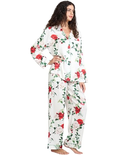 Image of YiNi LuLu Womens Silk Satin Pajamas Set Button Down 2 Piece Pjs Long Sleeve Oversized Sleepwear with Pockets