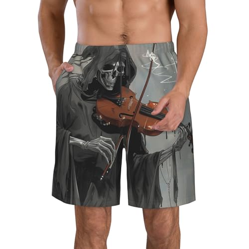 Men's Quick Dry Swim Shorts Grim Reaper Playing The Violin Fantasy Skull Dark Beach Trunks with Pockets
