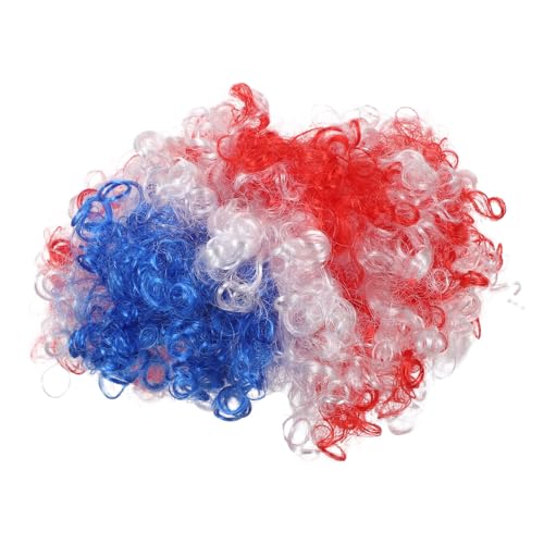 Mikikit - Mikikit Perruque Fluffy Drapeau Américain Bleu Rouge Blanc Afro Courte Bouclée Accessoire Supporter Football Costume Patriotique pour Fête et Cosplay