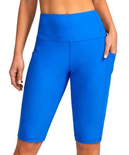 Image of SANTINY Women's High Waisted Swim Shorts with Pockets UPF50+ Long Board Swimming Shorts for Women with Liner