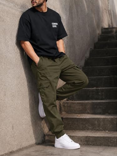 Image of Men's Cotton Cargo Pants | Cargo Trousers with Flap Buttoned Pocket | Elastic Waist Drawstring Casual Cargo Pants | Regular Fit Outdoor Travel Streetwear Bottom Wear
