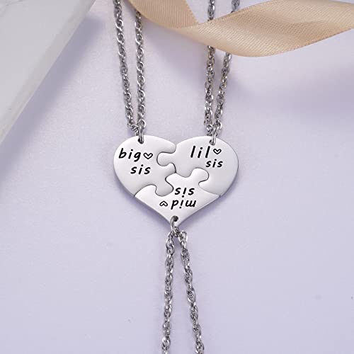 Ralukiia 3PCs Big Sis Mid Sis Lil Sis Heart Puzzle Piece Necklace Set, Sisters Gifts from Sister Birthday Jewelry3
