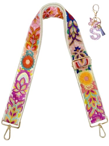 Tobeso-Nuoze Embroidery Flower Purse Strap Replacement Crossbody 2 Inch Wide with S Key Pendant for Women's Handbags (Fern Flower White)