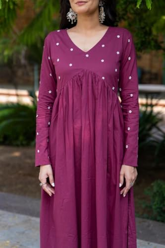 Image of Women's Dhanna Fashion Long Cut Salwar Suit with White Polka Dots,Full Sleeves, V-Neck,, Rayon