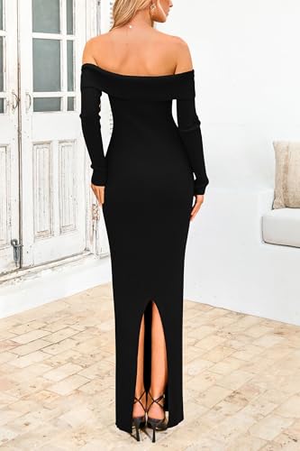 PRETTYGARDEN Women's 2025 Fall Sweater Dress Long Sleeve Off Shoulder Slit Maxi Bodycon Cocktail Party Dresses (Black,Medium) — view 2
