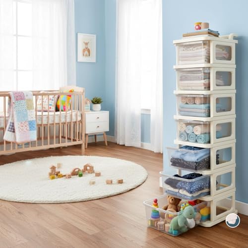 Image of Aliensware 7Layer Plastic Storage Drawer Organizer with Wheels, Modular Cabinet for Home, Office, School, Hospital, Parlor, Morden Kitchen, Clothes, Toys Organiser for Kids Room-Aliens-Clear Ivory