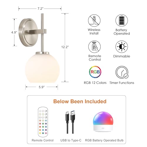 Image of Brushed Nickel Battery Operated Wall Sconce Set of 2, Wireless Rechargeable Sconces Wall Lighting with Remote Control, LED Wall Lights with Opal White Glass Shade, 12 Colors RGB & 3 CCT Bulb