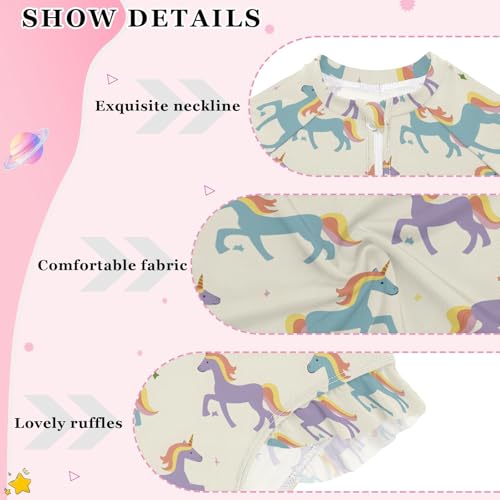 Simple Unicorns Prints Girls One Piece Rash Guard Swimsuit, Girls Long Sleeve Swimwear for 3-12Y4