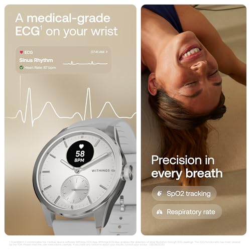 Withings ScanWatch 2, Heart Health Hybrid Smartwatch for Men & Women - ECG, with SPO2, Temperature Monitoring, Sleep, Respiratory Health, Cycle Monitoring, 30-Day Battery Life, iOS & Android - 42mm