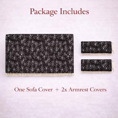 Image of STITCHNEST Woven Fabric Sofa Cover 3 Seater with 2 Hand Rest Covers - Washable Black Sofa Cover with Tassels - Durable Premium Fabric - Stylish Sofa Protector for Living Room & Furniture Decor