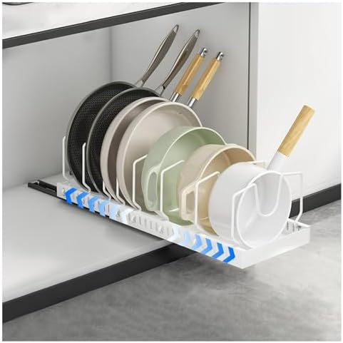 Expandable Pull Out Pots and Pans Organizer, Under Cabinet Sliding Pot Lid Holder and Pan Rack, Bakeware & Dishes Storage Rack with 10 Adjustable Dividers (16.5-20.8" W)(White-2Pack)