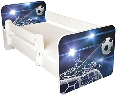TODDLER BED WITH FREE MATTRESS Blue Football Design Removable side panels