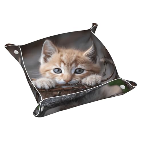 Llkgot Bandeja de almacenamiento de cuero con impresión de gatito tirando en una rama, bandeja de cuero de doble cara de PVC de doble cara para un almacenamiento y organización cómodos
