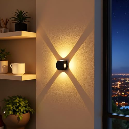 Image of PXORA Waterproof Up Down Led Wall Lamp, Aluminium IP65 Body 4 Ray, Warm White, Indoor /Outdoor Decorative Wall Sconce Light (4 Way Warm White)
