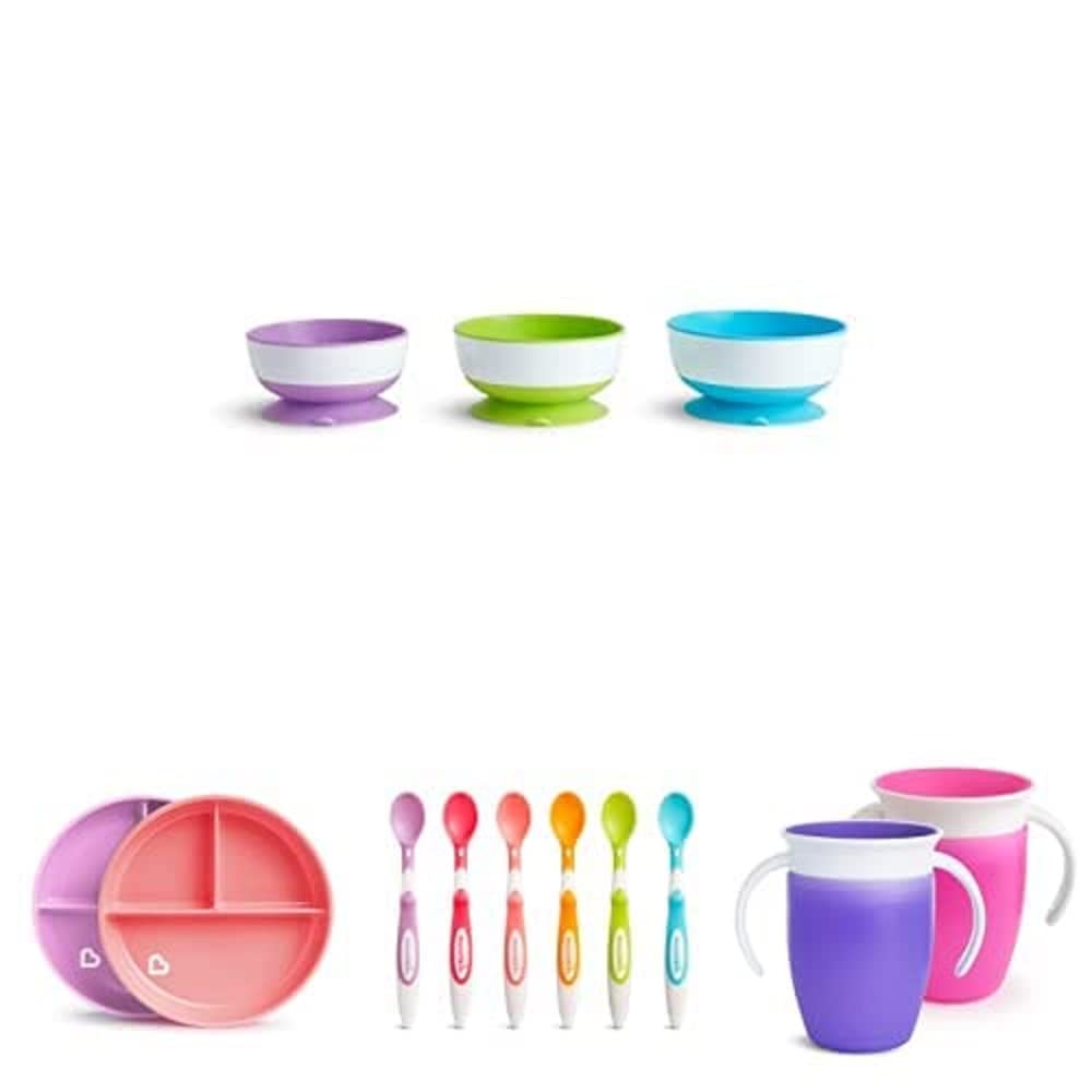 Munchkin Lot de 3 ventouses Stay Put avec ventouse, Rose&Violet, Lot de 6 cuillères pour bébé à extrémité souple, Tasse d'Apprentissage Miracle 360, Rose&Violette