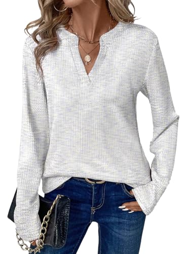 Dokotoo Womens Long Sleeve Tops V Neck Waffle Knit...