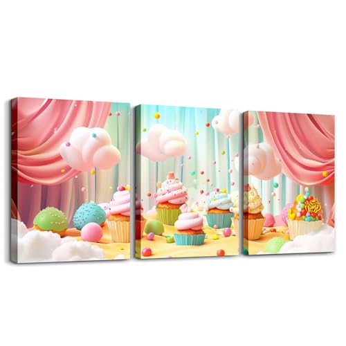 Toile murale encadrée triptyque cupcakes donuts rose et sarcelle