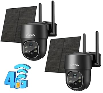 Xega 4G Telecamera Solare Esterno con SIM Scheda【2 Pezzi 】 2K HD PTZ Telecamere Senza Fili con Pannello Solare Batterie, Visione Notturna, Rilevamento del Movimento, Audio Bidirezionale,(Senza WiFi)