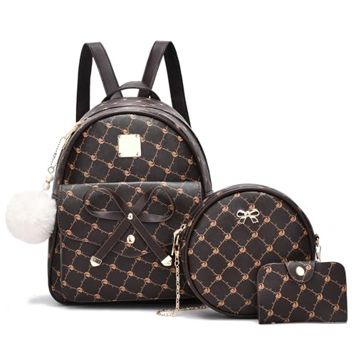 Image of I IHAYNER Girls Bowknot 3-Pieces Fahsion Leather Backpack Backpack Purse for Women Rucksack for Ladies Shoulder Bag