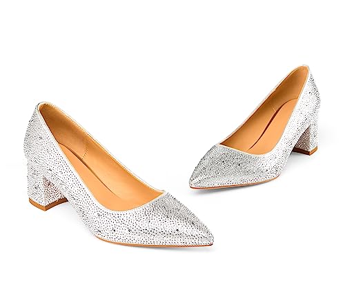Women's Fashion Sparkly Rhinestone Low Block Heel Pumps Shoes Bling Dressy Suede Pointed Toe Slip-on Chunky Heels for Wedding Party3