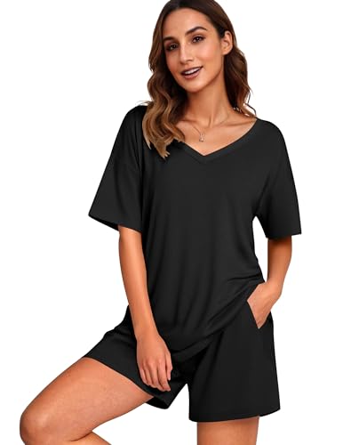 Ekouaer 2 Pack Womens Pajamas Set Summer Printed Pjs Short Sleeve Sleepwear V Neck Pj Shorts Set Loungewear S-XXL2