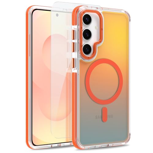 Image of Magnetic Case for Samsung Galaxy S25 Plus [Compatible with Magsafe] [Cute Fashion Fluorescent Design] [1 Screen Protector] Slim Translucent Matte Case for Galaxy S25 Plus 6.7 inch, Orange