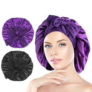 Arqumi [Pack of 2 Satin Sleeping Bonnet, Large Satin Sleep Bonnet with Long Strap, Adjustable Sleep Cap Hair Bonnet for Wo...