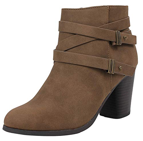 SODA Women's Closed Toe Criss Cross Multi Strap Stacked Heel Western Ankle Bootie