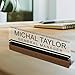 Artblox Personalized Office Desk Name Plate and Business Card Holder | Clear Acrylic Glass with Teak Wood Stand | Black Stripe Design Customized with Your Name and Credentials Office Desk Decor