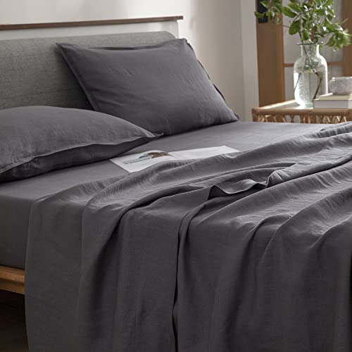 Everly Linen King Size Sheets Set, 100% Stonewashed French Linen Bed Sheets Deep Pocket Sheets, 4 Pieces (1 Flat Sheet, 1 Fitted Sheet, 2 Pillowcases) Natural Flax Bedding Set, Dark Grey #TOP1