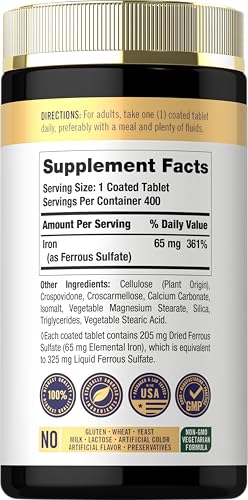 Image of Carlyle Iron Ferrous Sulfate 325mg, 65 mg | 400 Tablets | Non-GMO, Gluten Free, and Vegetarian Supplement | High Potency