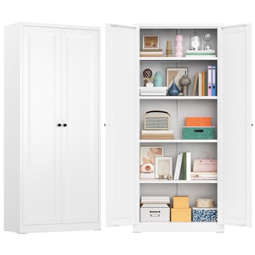 Image of Greenvelly Metal Storage Cabinet, 63 inch H White Metal Storage Cabinet with Doors and 4 Shelves, Steel Cabinets for Living Room, Office, School (White - Modern)