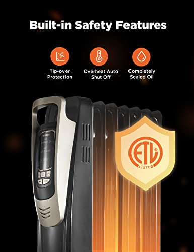 Pelonis Oil Filled Radiator Heater Luxurious Champagne Portable Space Heater With Programmable Thermostat, 10H Timer, Remote Control, Tip Over&Overheating Functions, Quiet Heater For Home Office #TOP2