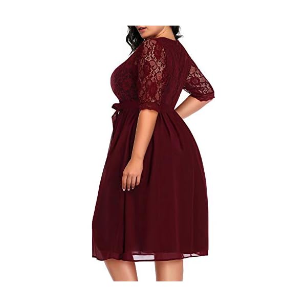Pinup-Fashion-Womens-Plus-Size-Lace-Top-Wrap-V-Neck-Half-Sleeves-Cocktail-Party-Dress Pinup Fashion Plus Size Cocktail Dresses Women Burgundy Red Lace Top Chiffon Wedding Guest Semi-Formal Maroon Evening Party Wrap Dress