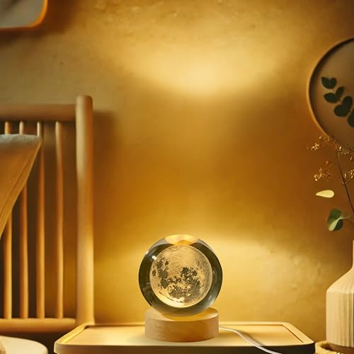 Image of 3D Moon Crystal Ball Night Light with Wooden Base, Table Lamp