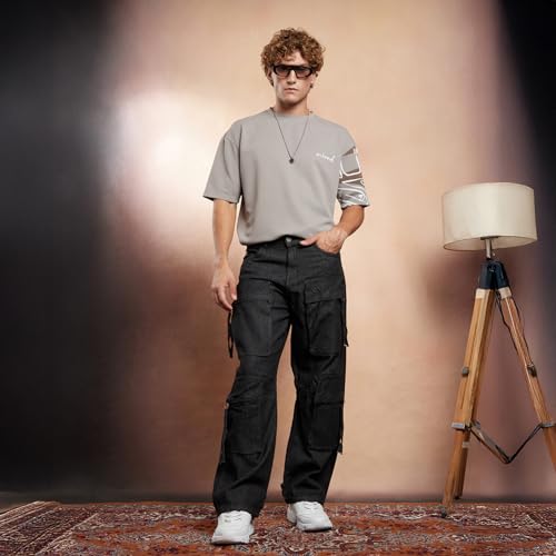 Image of CAHOOT Men Denim Jeans - Relaxed Fit Mid Rise Solid Pattern - 100% Cotton Dark-Wash Denim with Turned-Up Cuffs & Six Pockets for Casual & Street Wear