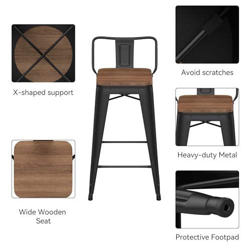 HAOBO Home 30" Low Back Barstools Metal Stool with Wooden Seat [Set of 4] Counter Height Bar Stools, Matte Black