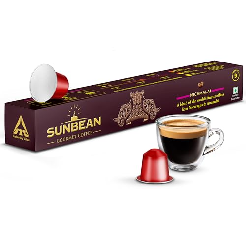 Image of SUNBEAN Nicamalai Gourmet Coffee Capsules Box | Intensity - 9 | Nespresso Compatible | Single Serve | Medium-Dark Roast | Pack of 10