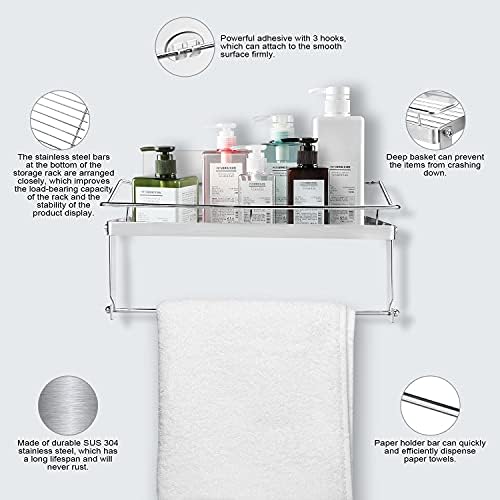 No Drilling Adhesive Paper Towel Holder with Shelf Kitchen Roll Dispenser Spice Rack Wall Mounted Bathroom Organiser Storage SUS304 Stainless Steel Material (Silver)