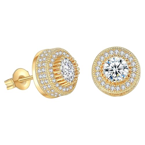 Pendientes colgantes redondos chapados en oro 5A+ Zirconia Cúster Redondo Screw On Stud Aretes, talla única, Metal, Sin piedra preciosa