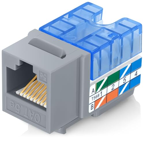 Image of Everest 90 Degree RJ45 Cat5e Keystone Jacks Slim Profile 50-Pack Gray | Compatible with 90 Angled Speed Termination Tool - easyJACK (B094WB91H3)