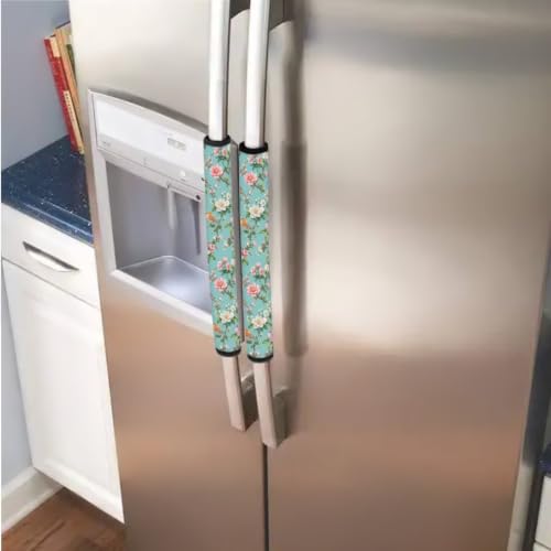 Image of 6 Pcs Refrigerator Microwave Door Handle Covers Electrical Appliances Handle Protector Keep Clean and Protected from Oil Stains, Fingerprints, Liquids, Bird Floral Teal