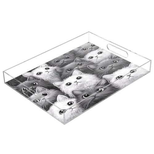Msyxl Cute Cats Grey Serving Tray for Coffee Table, Decorative Acrylic Tray Cute Cats Grey Tray with with Handles for Breakfast, Ottoman, Countertop, 12x16 in