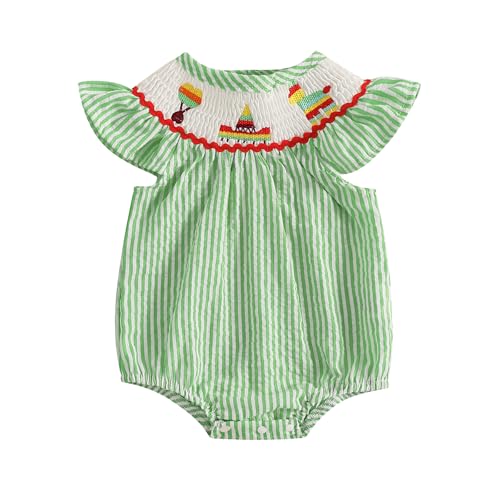 Gueuusu Fiesta Baby Girl Outfit Striped Flutter Sleeve Embroidery Seersucker Smocked Bubble Romper Cinco De Mayo Clothes