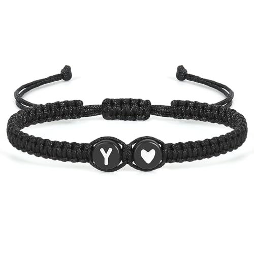 Initial Letter Bracelet for Women Men, Alphabet Handmade Black Adjustable Braid Rope Heart Bracelet, Jewelry Gifts for Daughter Mother's Day Mom Sister