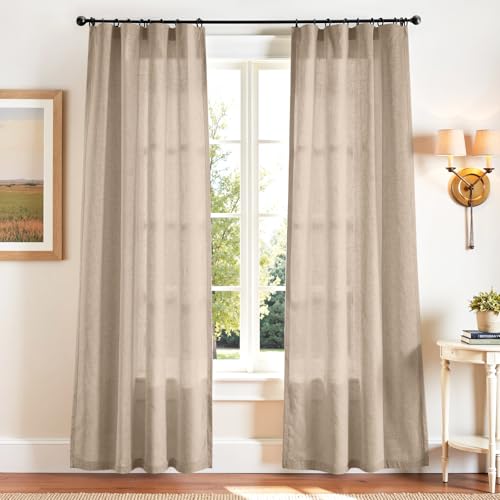 Image of jinchan Linen Curtains Light Filtering Back Tab 50x84 Inch 2 Panels Taupe