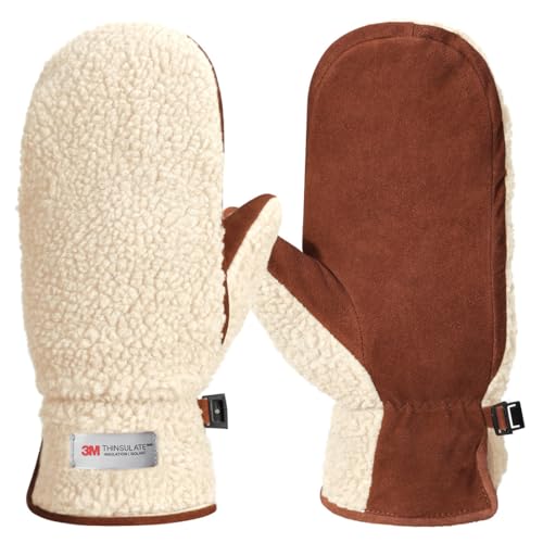 Image of Harssidanzar Womens Winter Sherpa Mitten Warmth Lined with Finger Liners Suede Mitt SL020UK,beige/light brown,size M